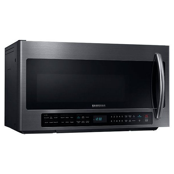 Four à micro-ondes à hotte intégrée de 2,1 pi³ avec technologie Smart Multi Sensor en Acier inoxidable Noir Samsung ( ME21H706MQG )