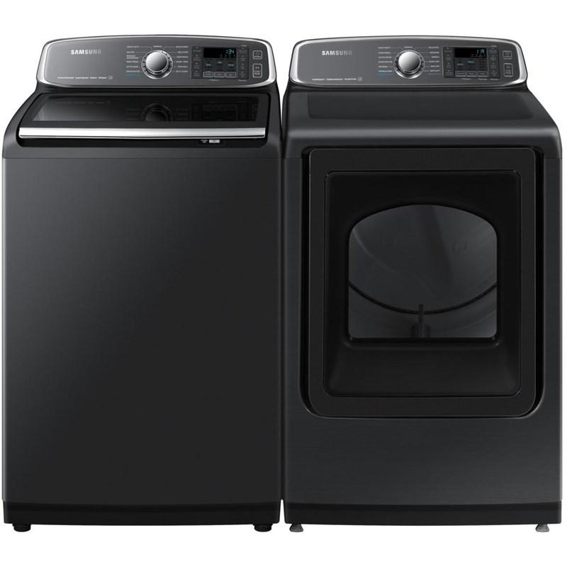 Ensemble Laveuse &Agrave; Chargement Vertical De 6.0 Pi&sup3; Et S&eacute;cheuse De 7.4 Pi&sup3; Acier Inoxydable Noir *PRODUIT NEUF* Samsung ( WA52T7650AV / DVE52B7650V )