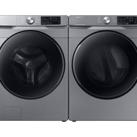 Ensemble Laveuse 5.2 Pi&sup3; Et S&eacute;cheuse &Eacute;lectrique &Agrave; Vapeur De 7.5 Pi&sup3; &Agrave; Chargement Frontal Platine *PRODUIT NEUF* Samsung ( WF45R6100AP / DVE45T6100P )
